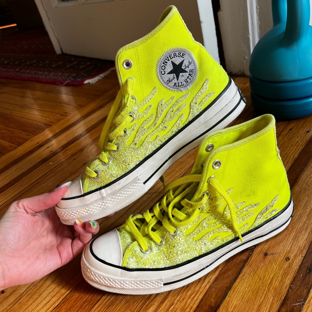 Converse Glitter Flame High Tops in Neon Yellow Lemon